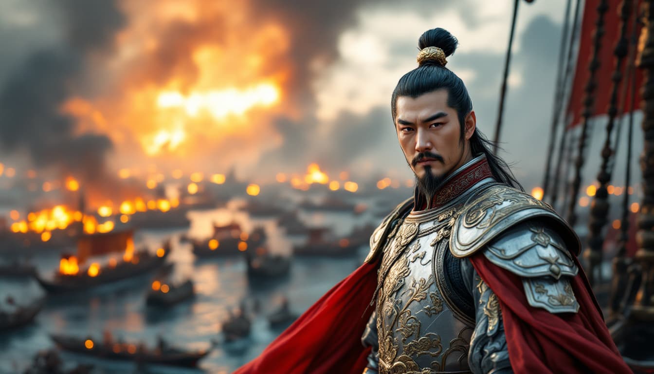 AI generated: Half-body portrait of Zhou Yu standing on the elevated deck of a warship, positioned on the right si...