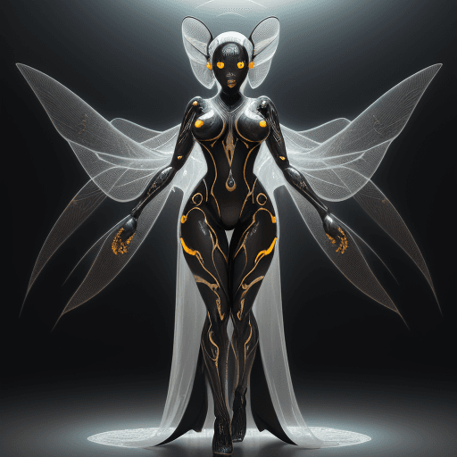 AI generated: rearview of a lovely ebony, full body, athletic, wearing intricate white and gold translucent Japane...