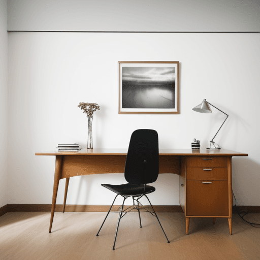 AI generated: Photography, home office, mid-century, cloudy, creating a warm and inviting white atmosphere, an oak...