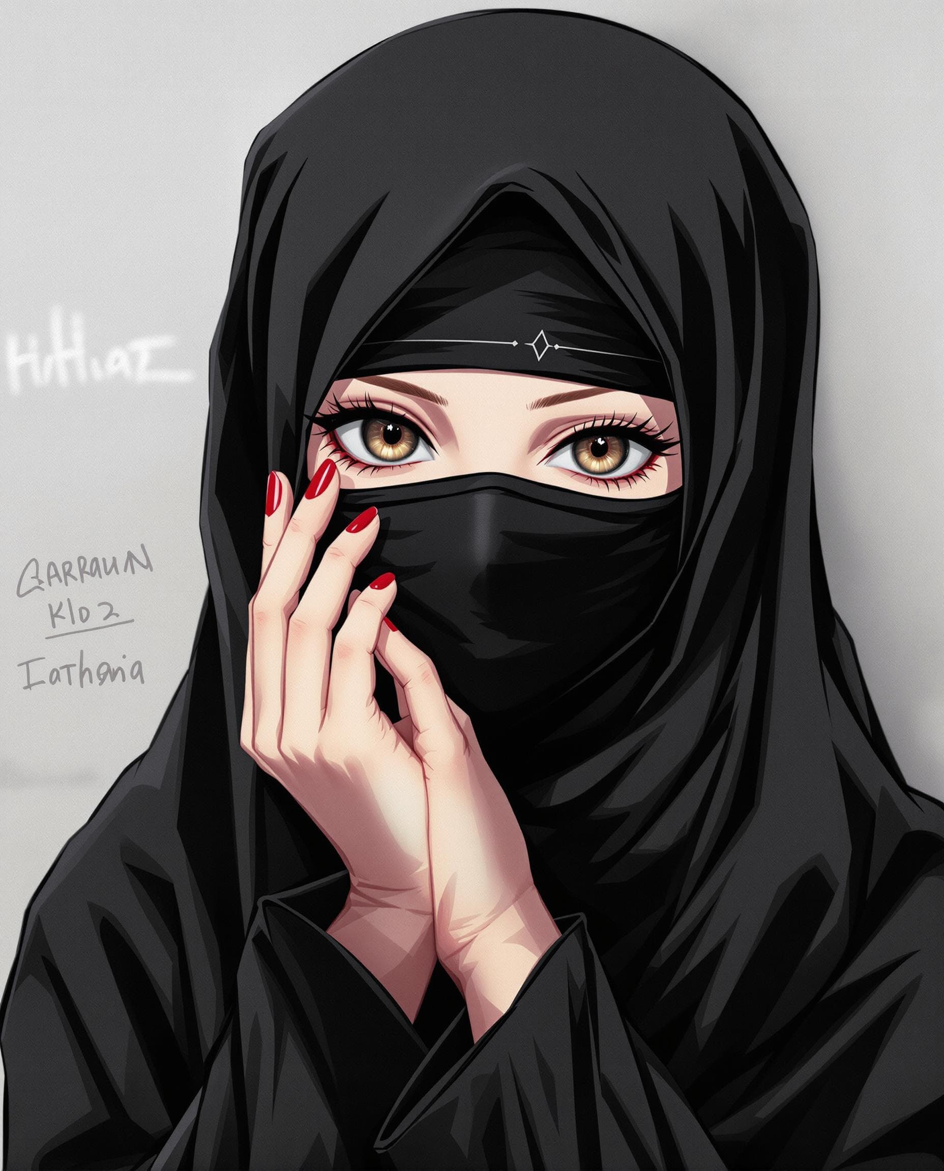 AI generated: manga anime, wearing a black hijab with the covering face like a Arabian woman in black clothes