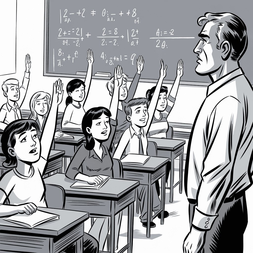 AI generated: a black and white comic book drawing of 12 year olds in class, sitting at their desks, asking the te...