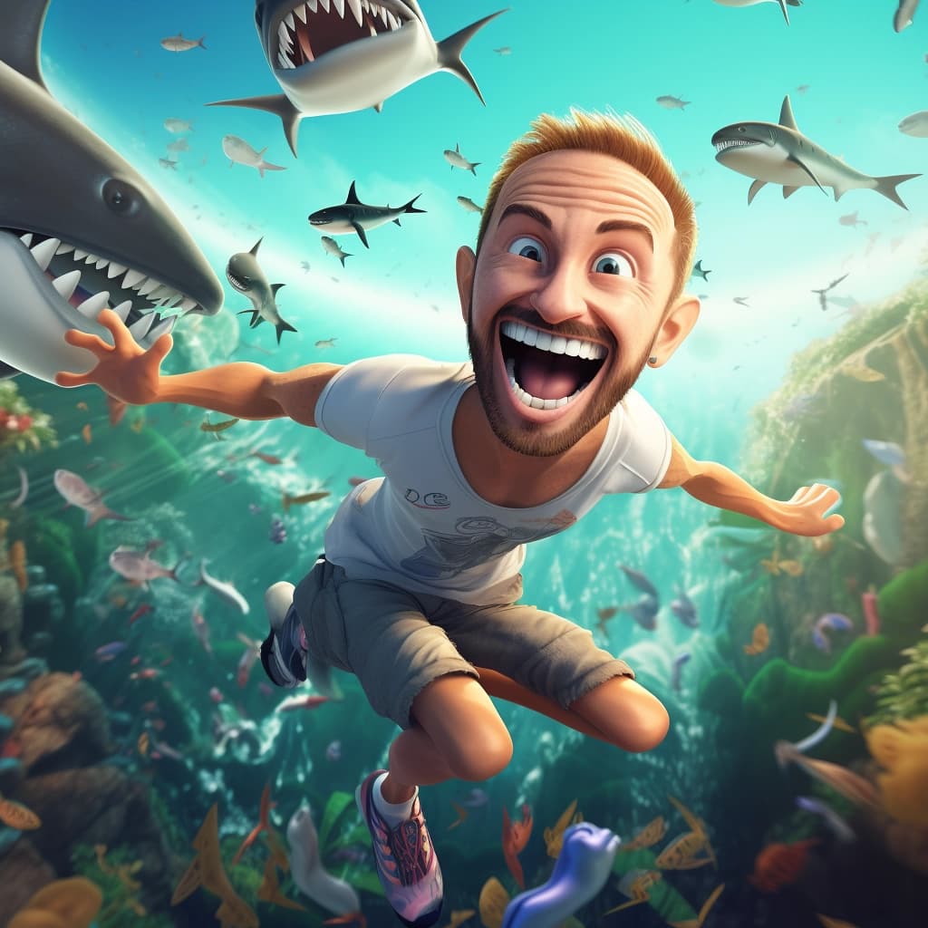 AI generated: nick vujicic as a shark in 3D cartoon style