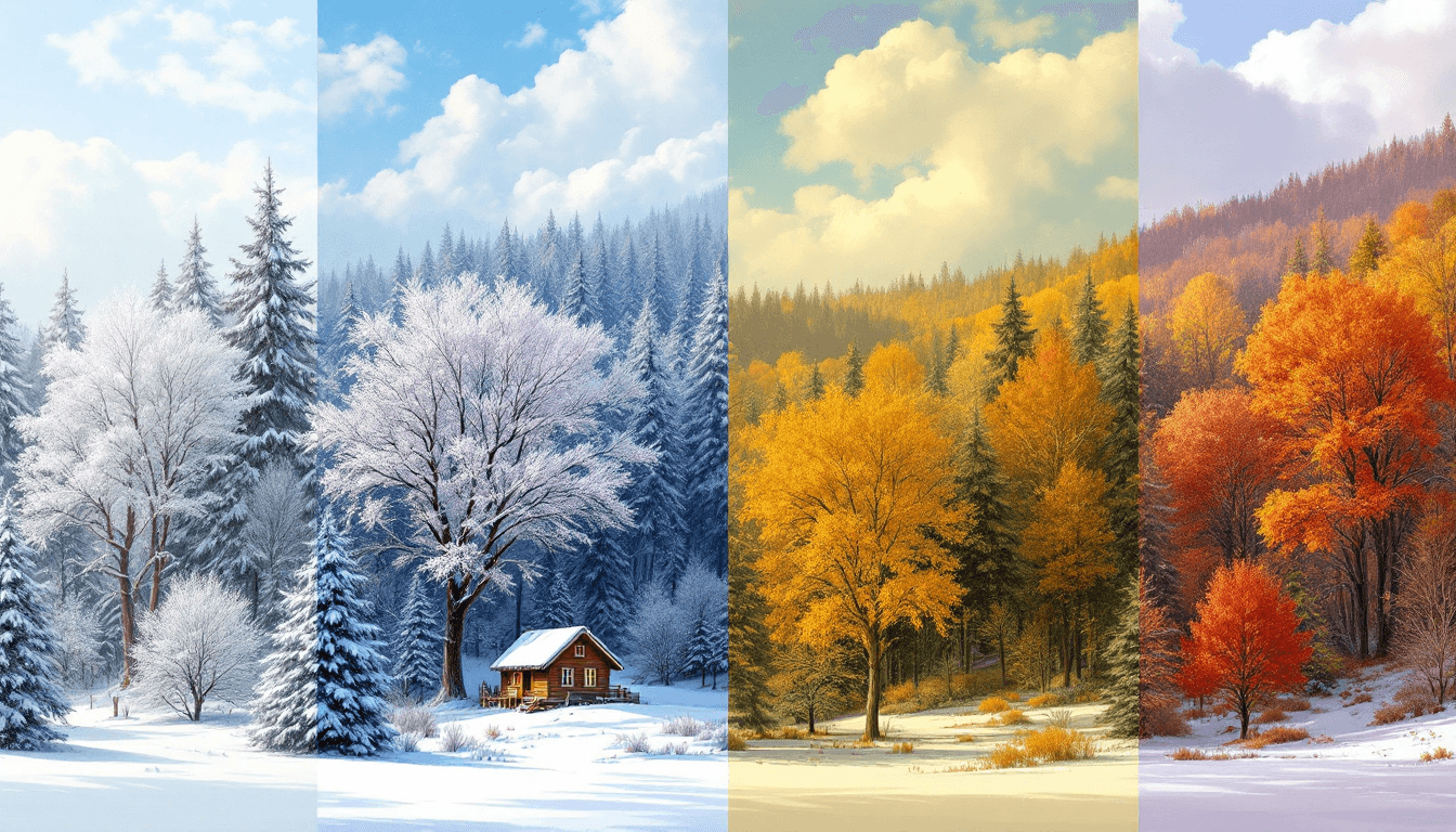 AI generated: illustrate the four seasons of a single landscape in one continuous panoramic image. From left to ri...