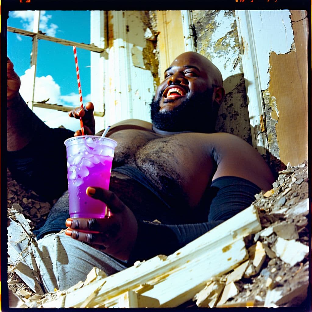AI generated: grainy 80's photograph quality polaroid of big fat planet-sized bald elated black man floating extre...