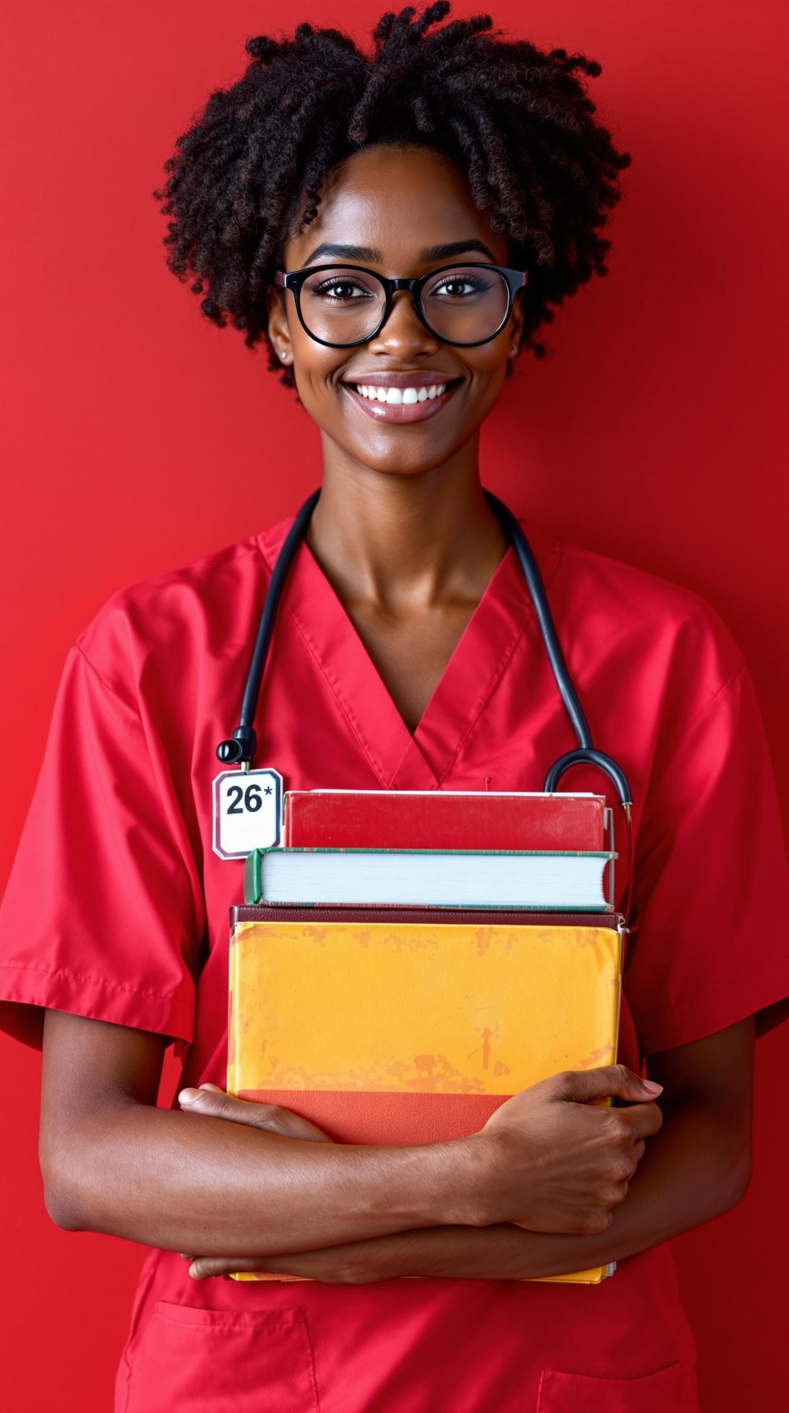 AI generated: 26 yo  African American man  and woman with brown eyes and glasses in the face and holding books and...
