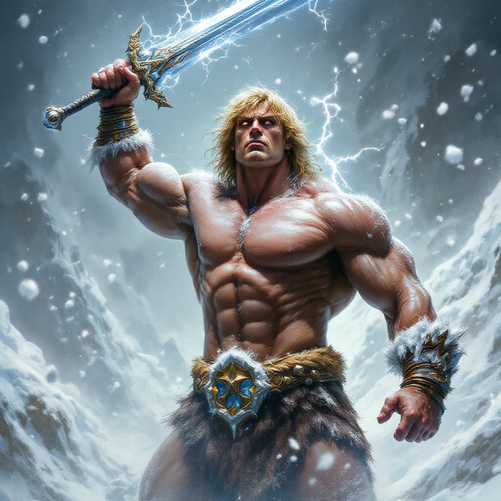 AI generated: : (Ultra-detailed, Boris Vallejo, hyper-realistic, cinematic, sharp focus:1.5), He-Man, the iconic h...
