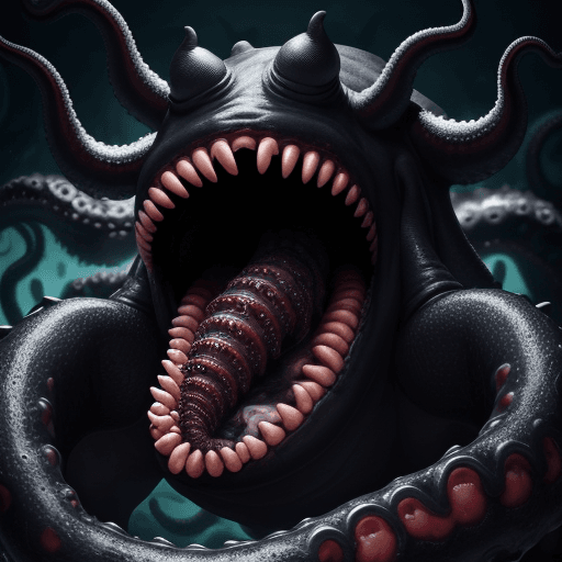 AI generated:  high quality foto of a big black eating  monster, moster with grimaces and big very long teeth, eve...