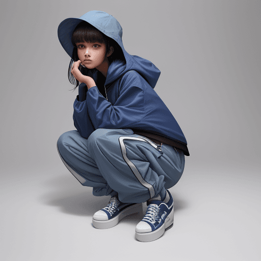 AI generated: capturing a model, woman wearing long deep blue cotton nylon puffer with big hood, and with side bot...