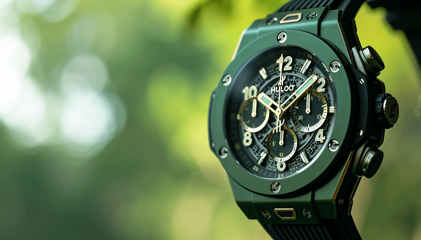 AI generated: picture realistic of a hublot watch big bang infinity green gold blured background --ar 7:4 --v 6.0