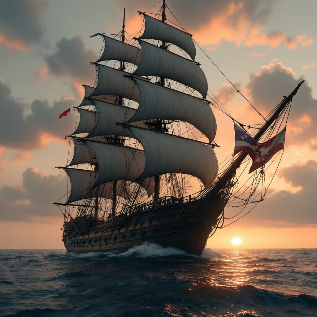 AI generated: Photo of a ultra realistic sailing ship, dramatic light, pale sunrise, cinematic lighting, battered,...