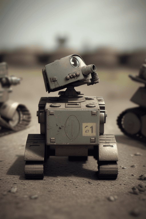 AI generated: 50mm film photography, world war first photo on the battlefield, small cute mechanical robot wall-e ...