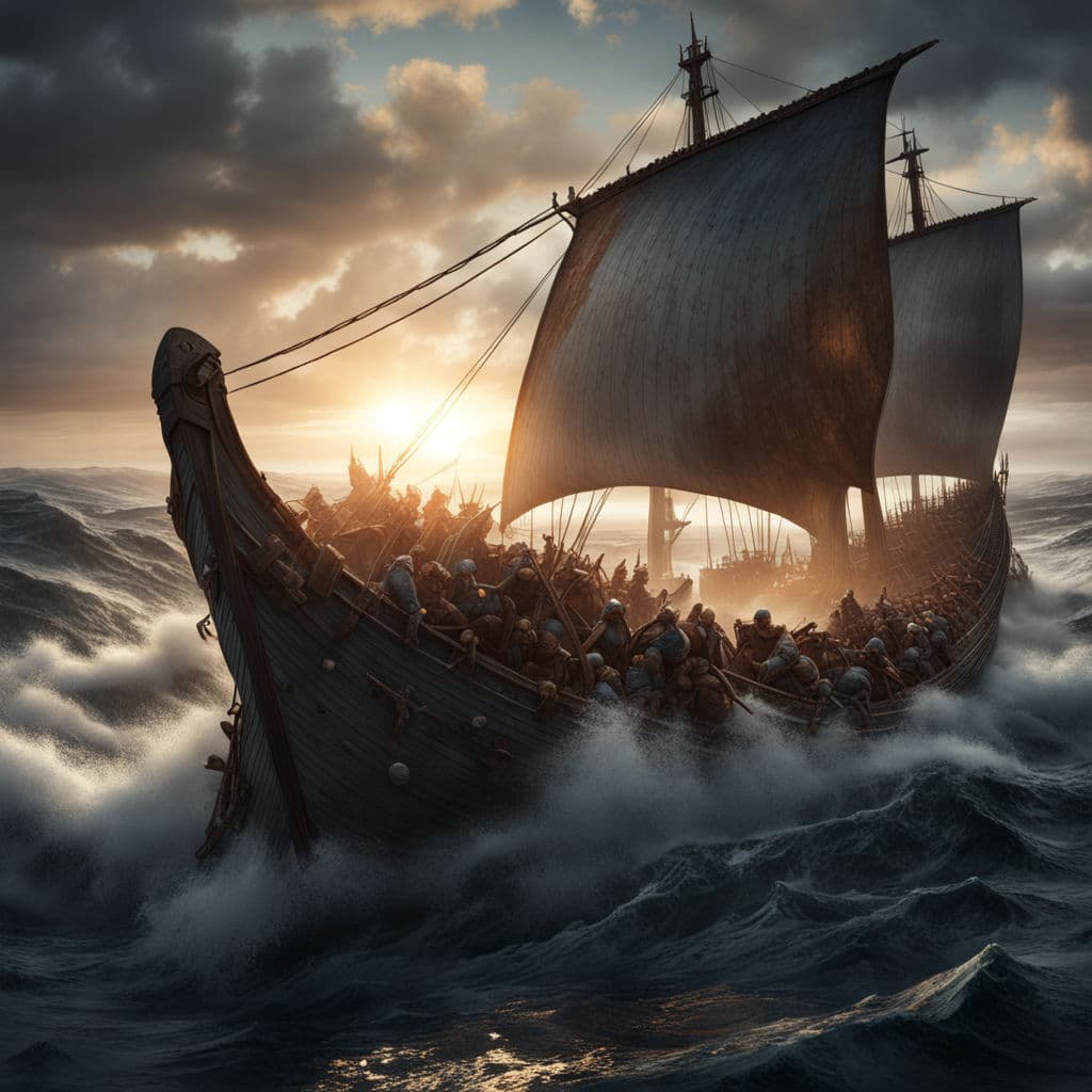 AI generated: Total war of destruction in the land of vikings,viking ship,vikings,seafight,lens flare,dynamic ligh...