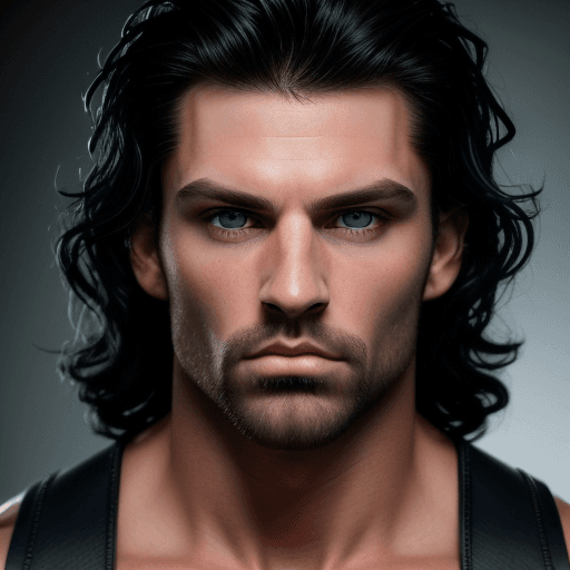 AI generated: Hyper-realistic portrait of a handsome, muscular man with striking dark, wavy hair and piercing blue...