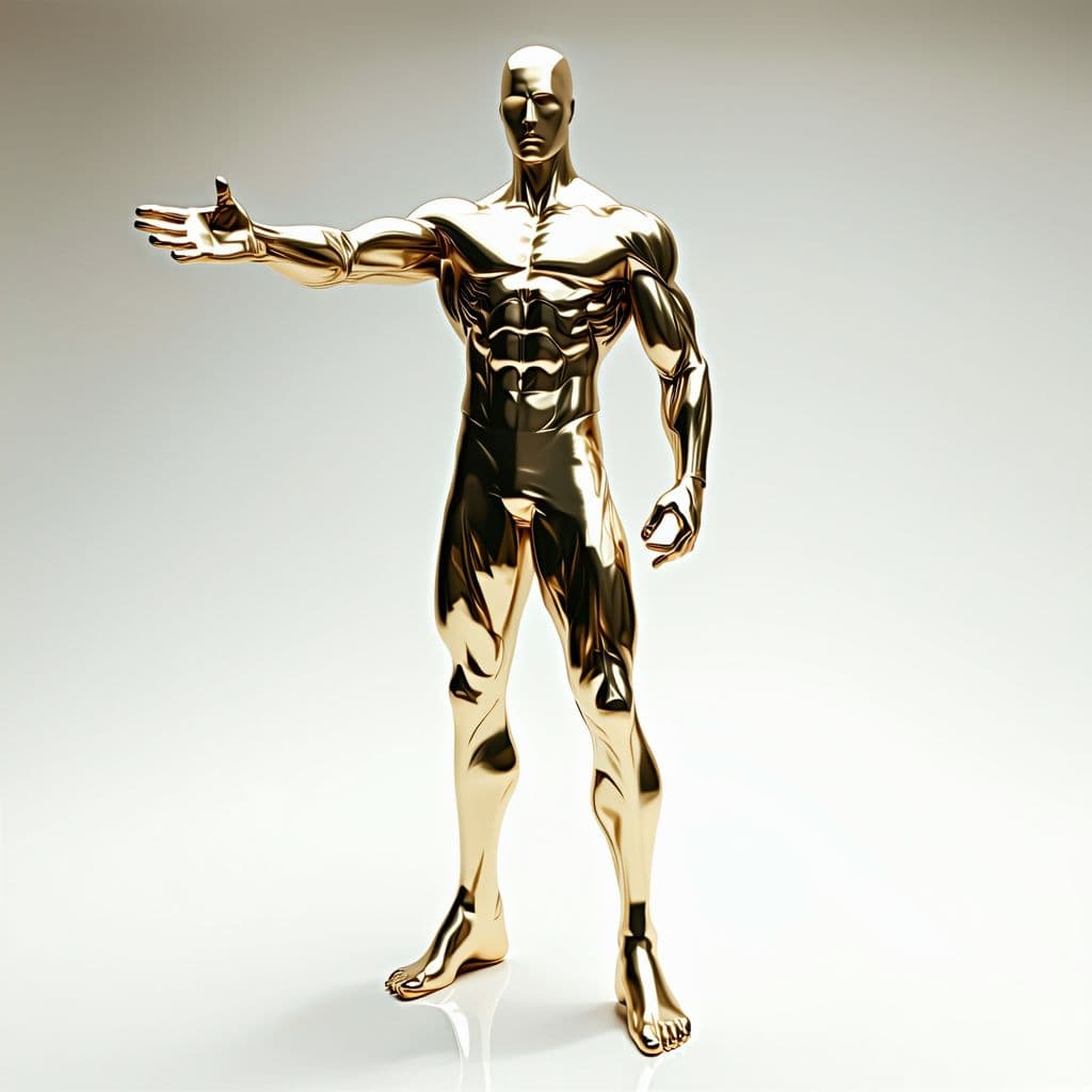 AI generated: A gold androgynous silver surfer inspired by the movie fantastic 4 and silver surfer however all fea...