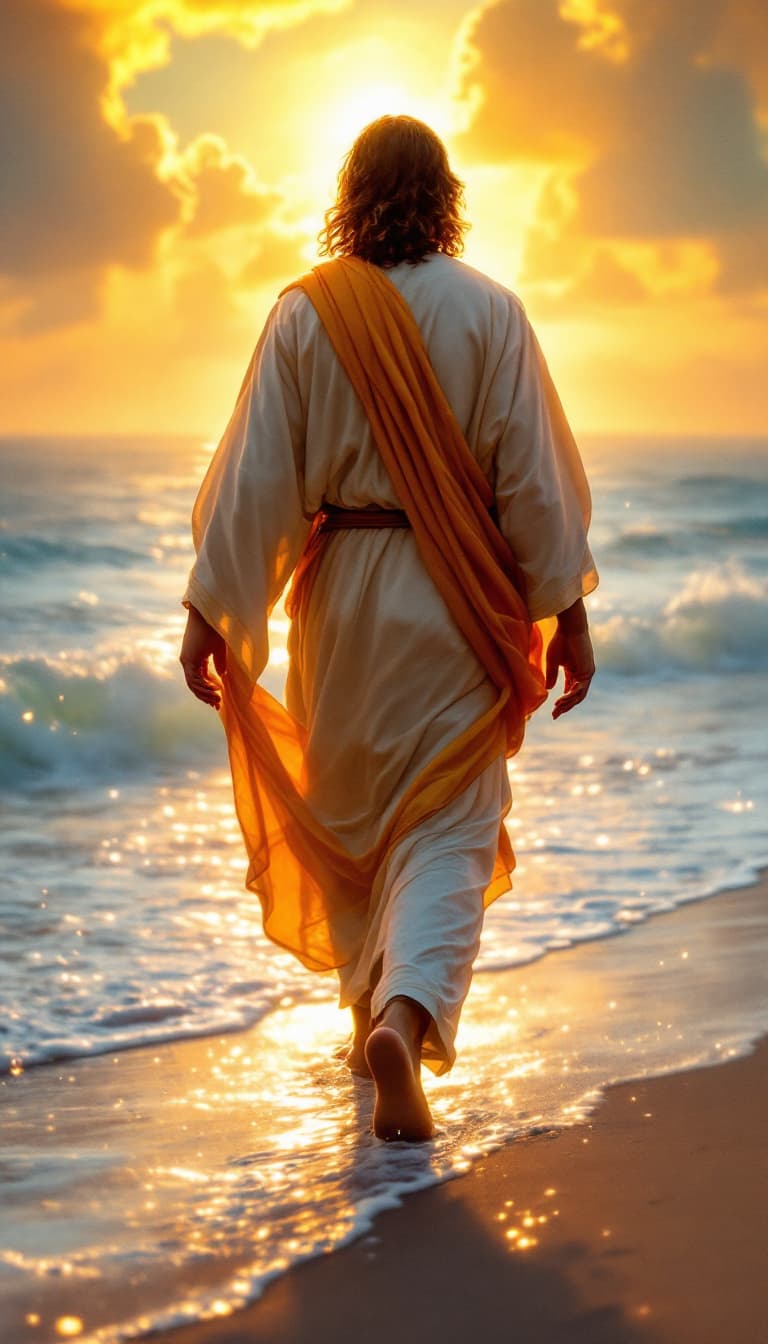 AI generated: Jesus walking on the beach from the back, not walking on the sand, next to the beach next to the wat...