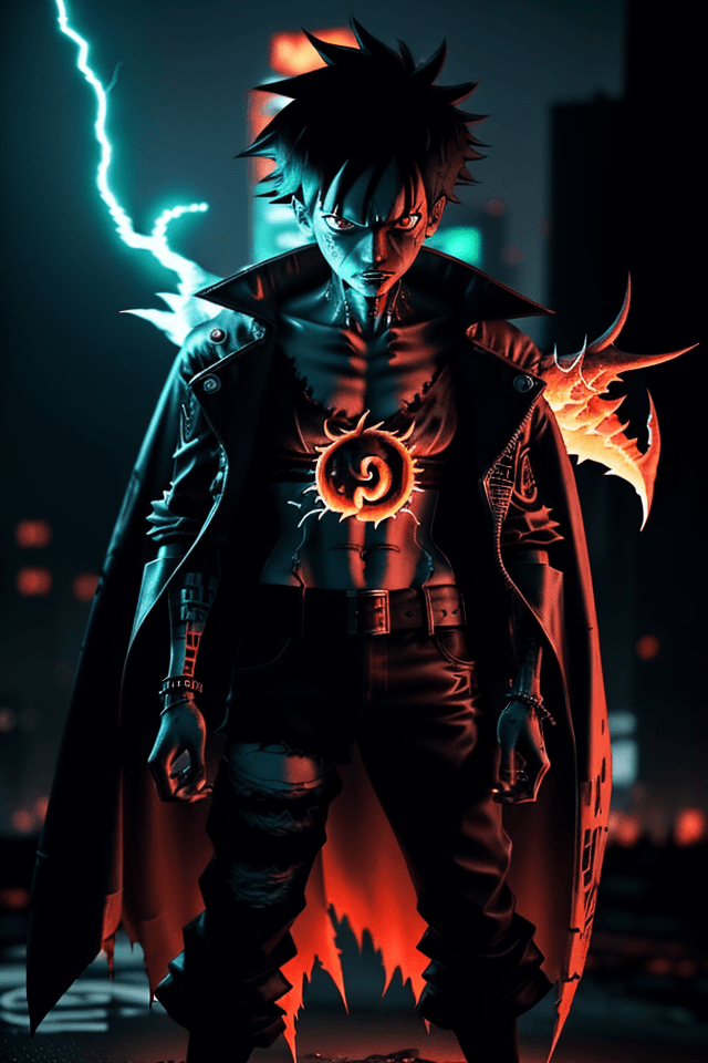 AI generated: Luffy, BEAUTIFUL DEVIL FROM HELL , CAPE OF FIRE, perfect proportion, Cyberpunk Edgerunner style, lat...