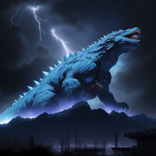 AI generated: epic space station, incredible Epic Godzilla spewed blue flames directly ahead::2 Dynamic lightning ...
