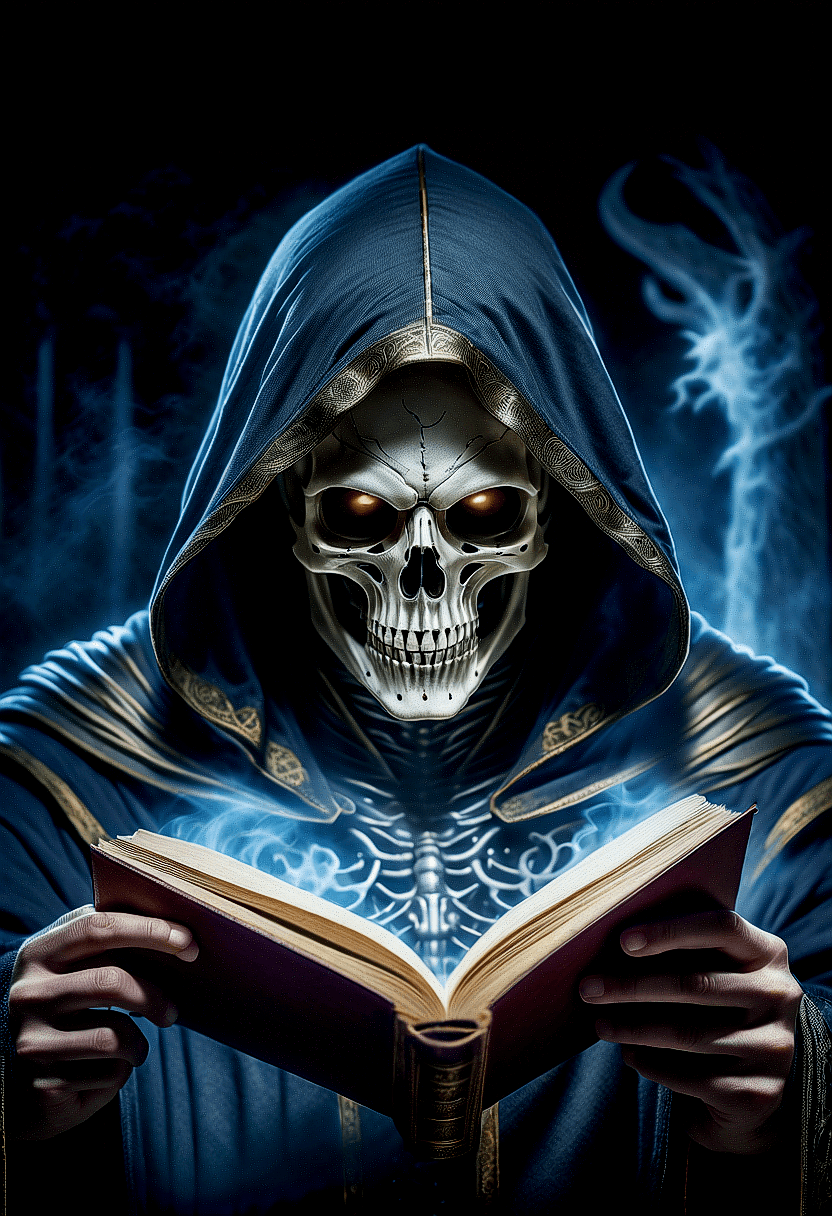 AI generated: The image features a demonic wizard skeleton wearing a hooded robe, holding an open book in its hand...