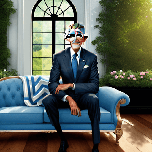 AI generated: Handsome Barack Obama caricature look a like character sitting on a couch in the middle of the room,...