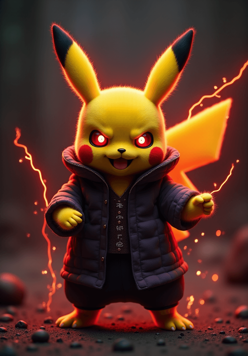 AI generated: A Dark, Evil blood Pikachu is a Dark, in human form, wearing a Naruto-style outfit, glowing eyes, an...