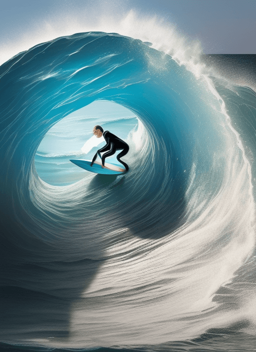AI generated: an open newspaper with pages carved into the shape of waves, a person surfing on the waves, three-di...