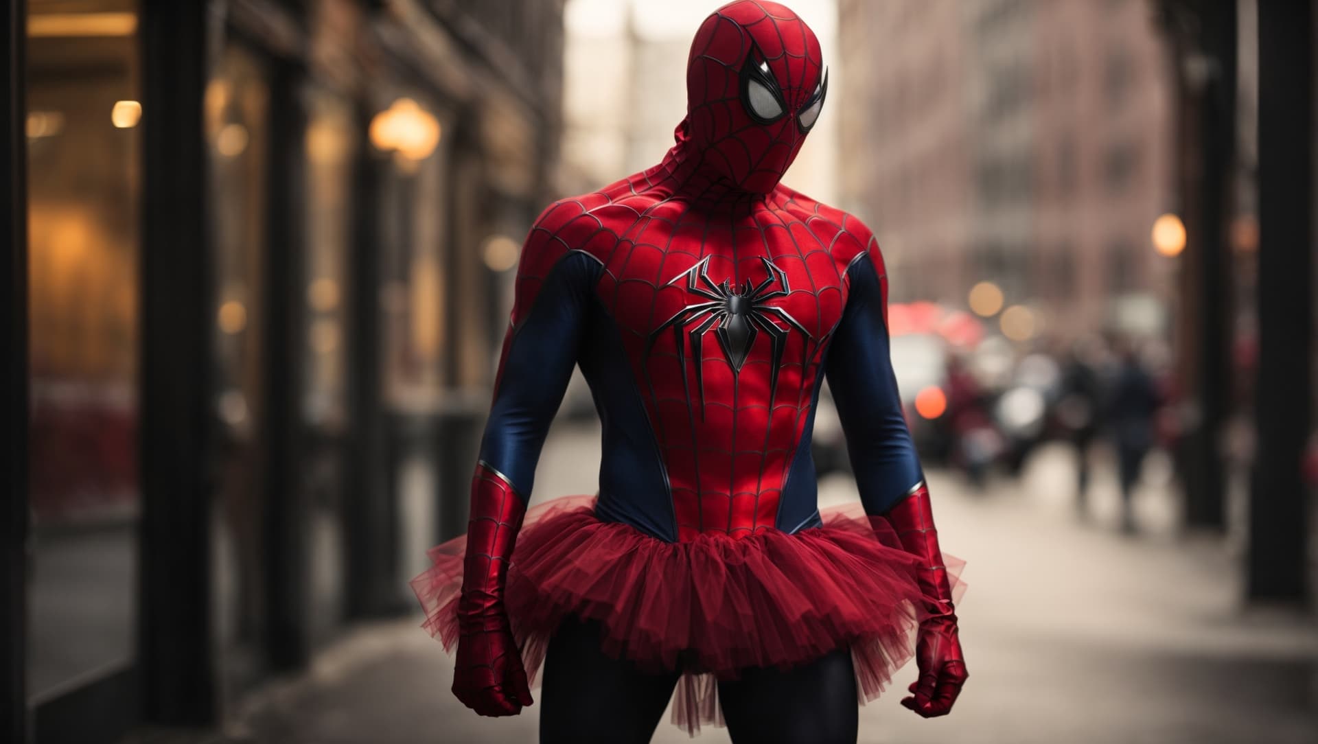 AI generated: 
Spiderman wearing a tutu. Photorealistic. Dramatic. Canon EOS 5D. 85mm.