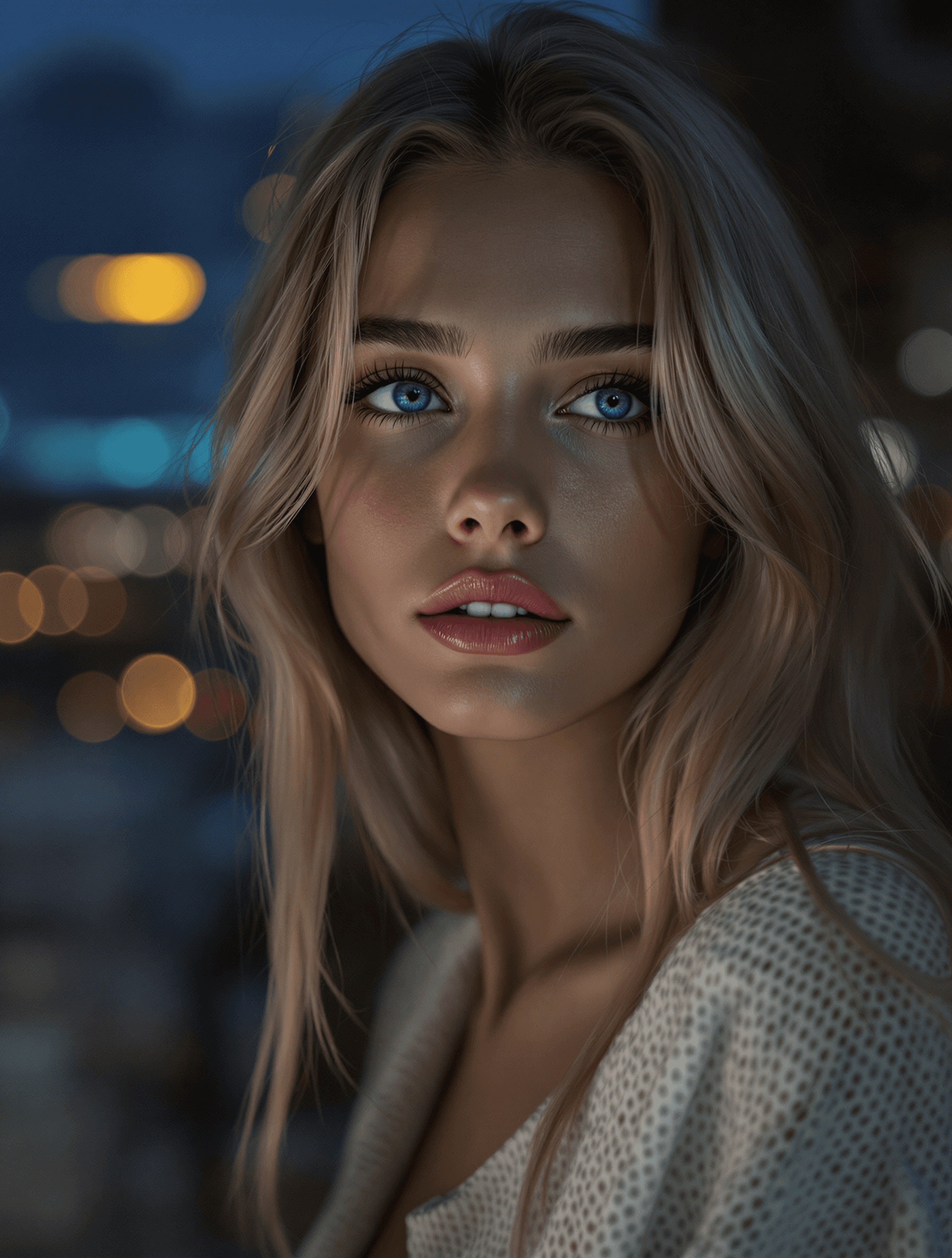 AI generated: A highly detailed, photorealistic nighttime portrait of a young Caucasian woman, captured from the s...