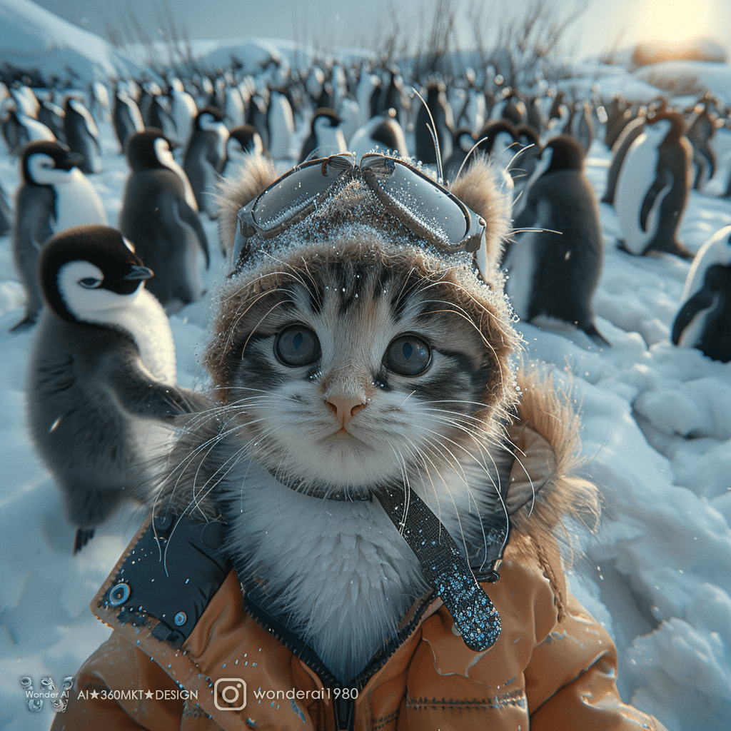 AI generated: In the snow, there is an ice field with many penguins standing on it. A cute baby cat wearing a brow...