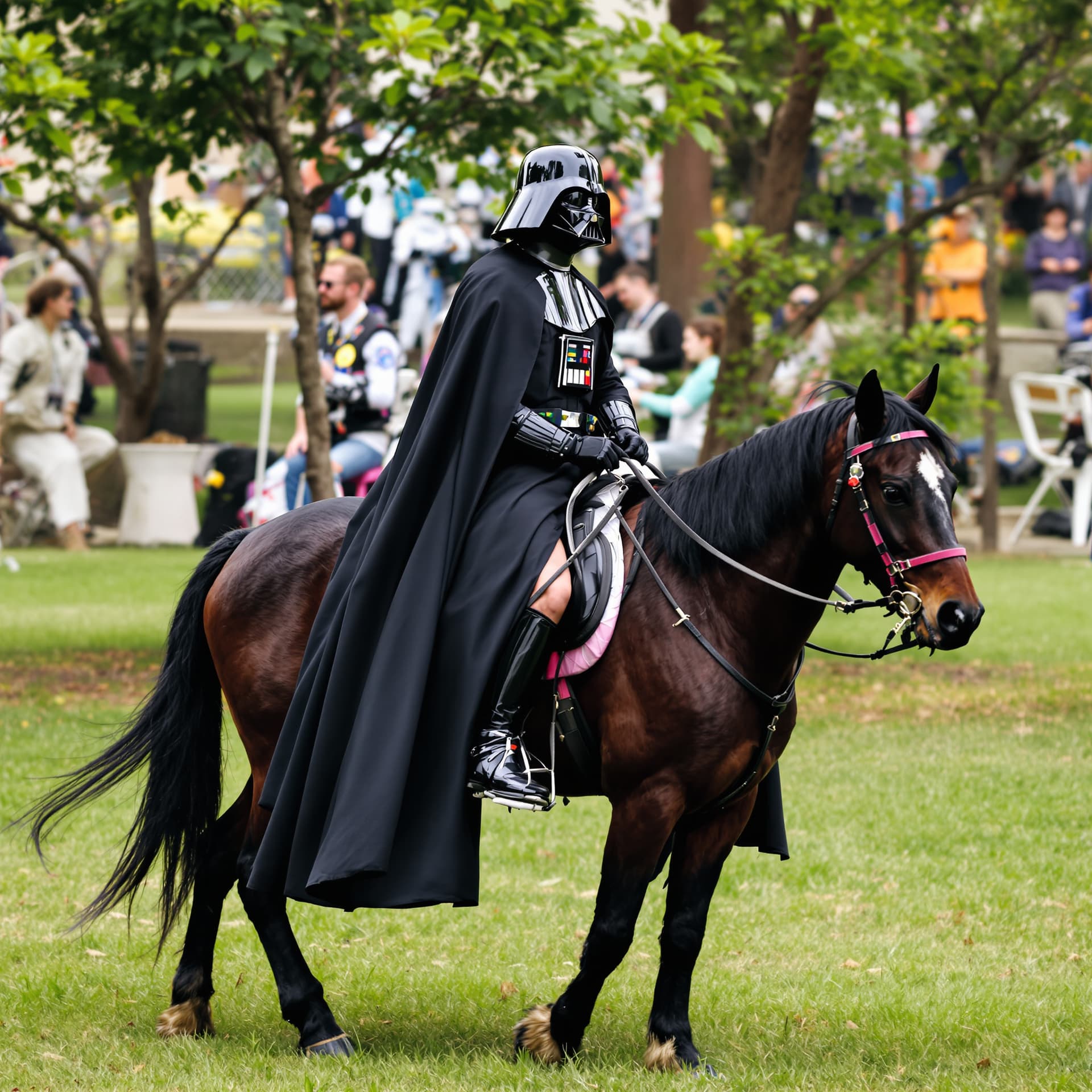 AI generated: A man riding a horse with a darth vader costume