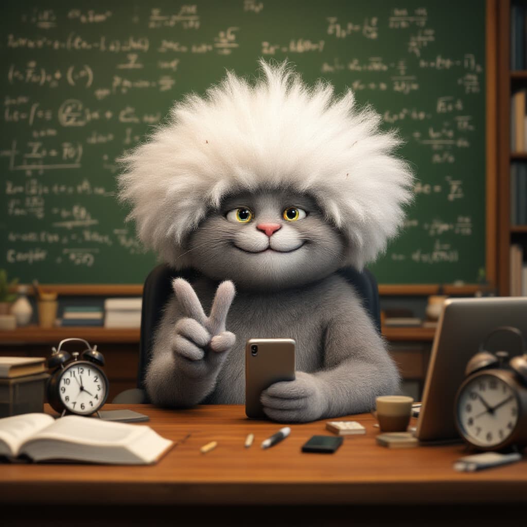 AI generated: An anthropomorphic gray British shorthair cat wearing a wild fluffy white wig and a dome-shaped bald...
