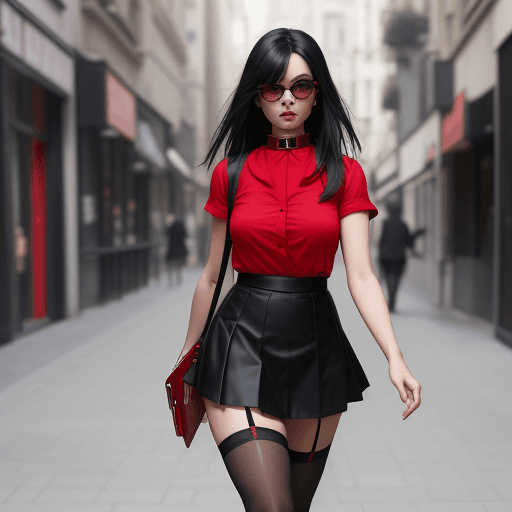 AI generated: a hot girl walking down the street , wearing a red short skirt , and shirt with underboss stockings ...