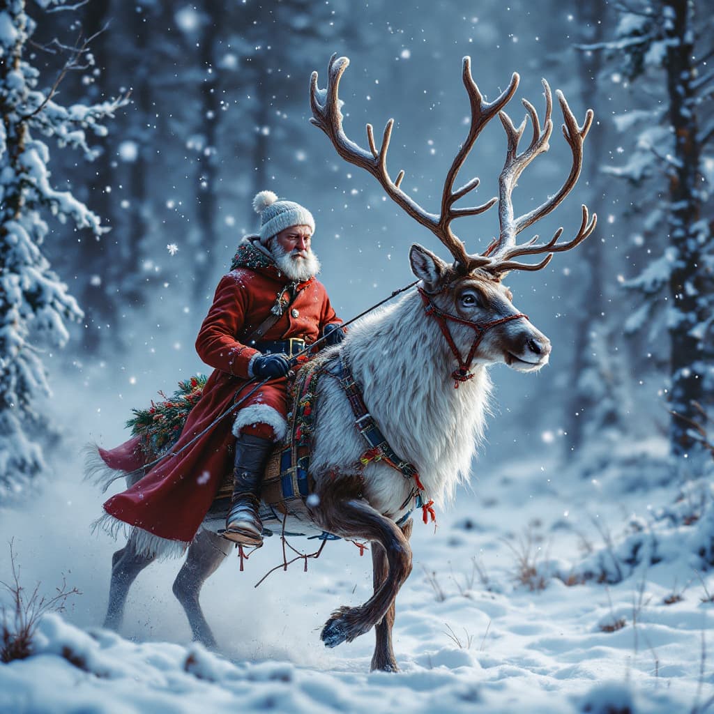 AI generated: Hyper realistic draw putin with the body of a christmas reindeerAD magazine, putin traveling inside ...