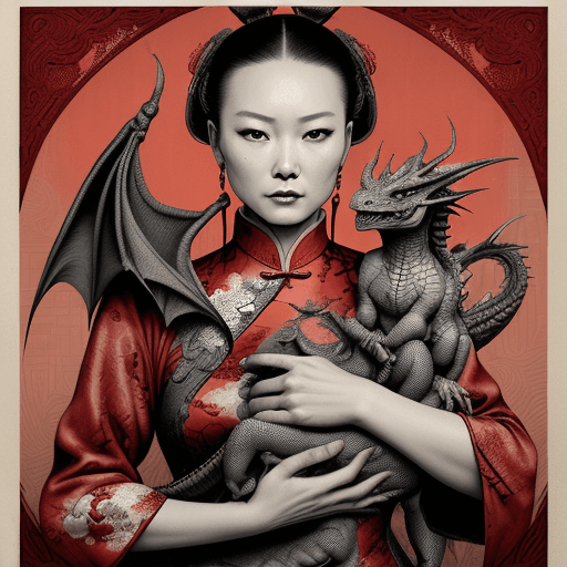 AI generated: vintage poster of a Chinese woman with a dragon in her arms, in the style of Brian M. viveros, multi...