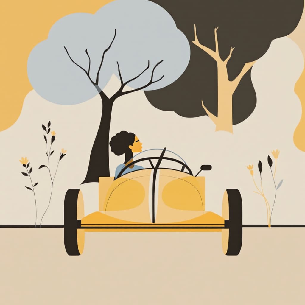 AI generated: Create Woman driving a car, front view, tree and flowers, by Gerald Leslie Brockhurst, medium shot, ...