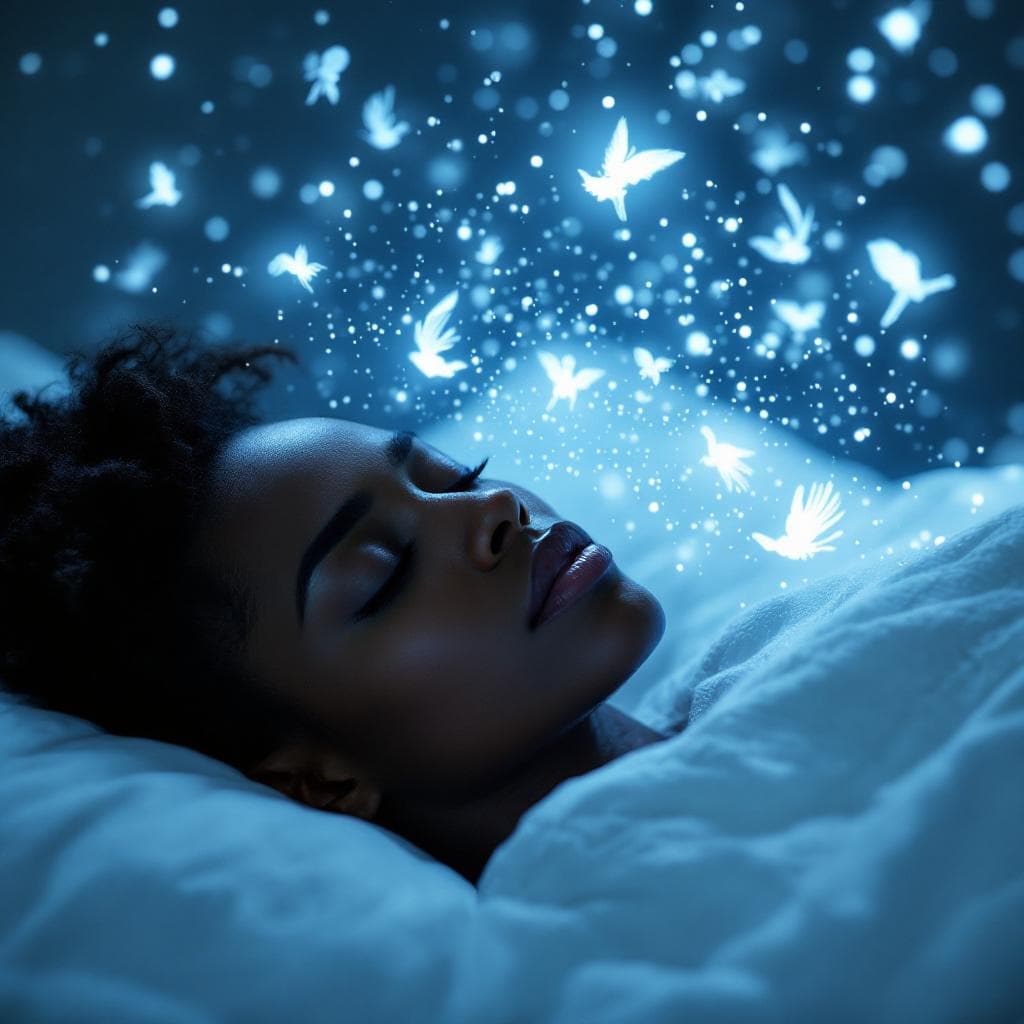 AI generated: “An African American  woman sleeping while particulate light forms dreamlike figures floating above ...