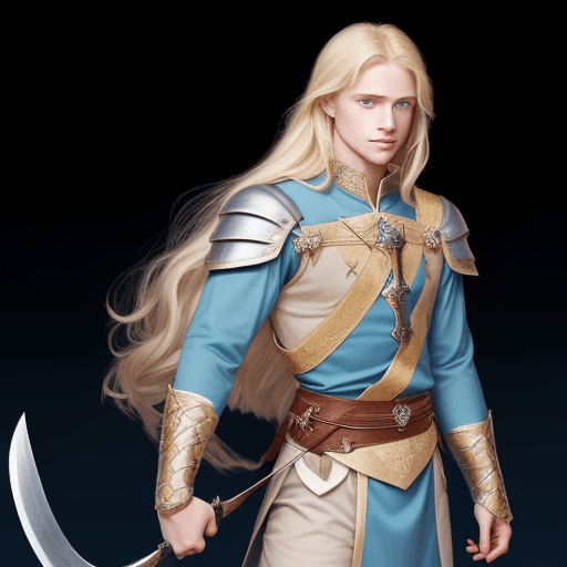 AI generated: generates a charming prince, blond with blue eyes and long hair, tall and muscular, chivalrous with ...