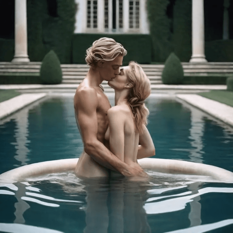 AI generated: Couple in a pool outside a mansion