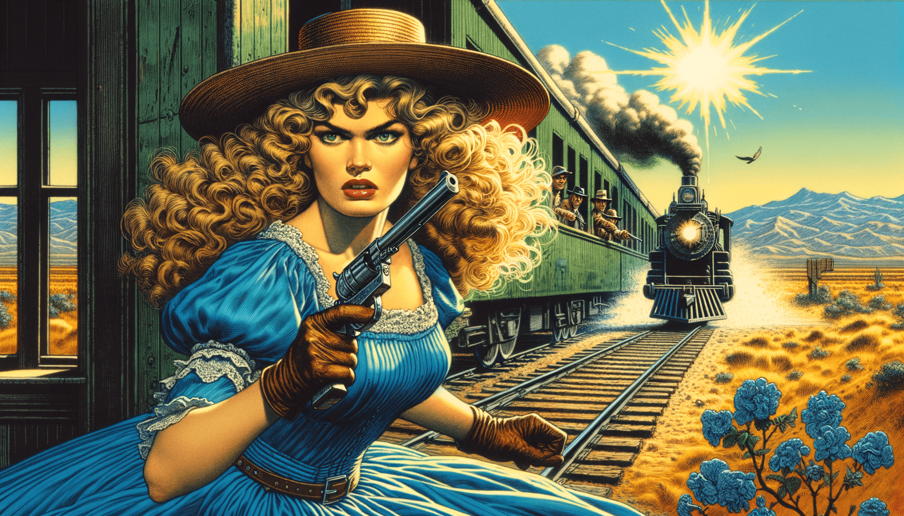 AI generated: attractive woman in a blue dress and straw hat holding a pistol riding on a train and is robbing pas...