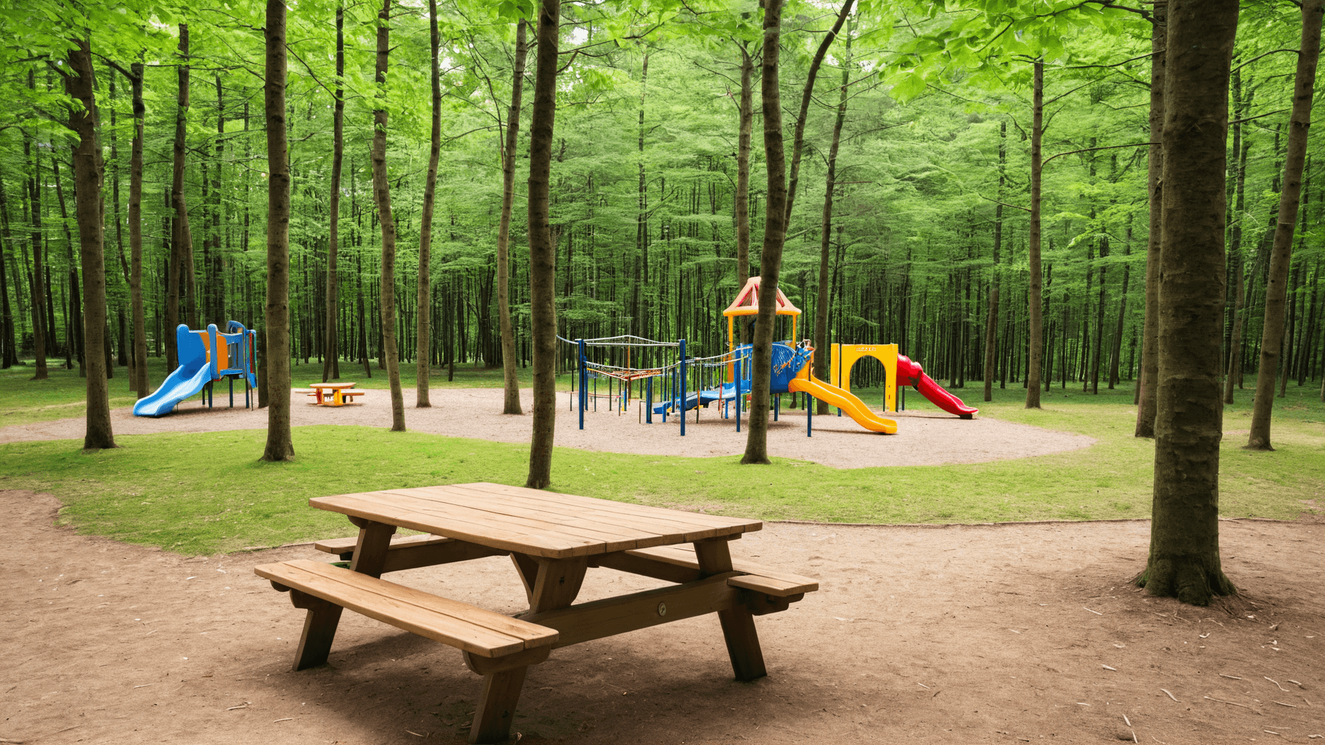 AI generated: photo of a forest with a playground and a wooden picnic table, food on the table