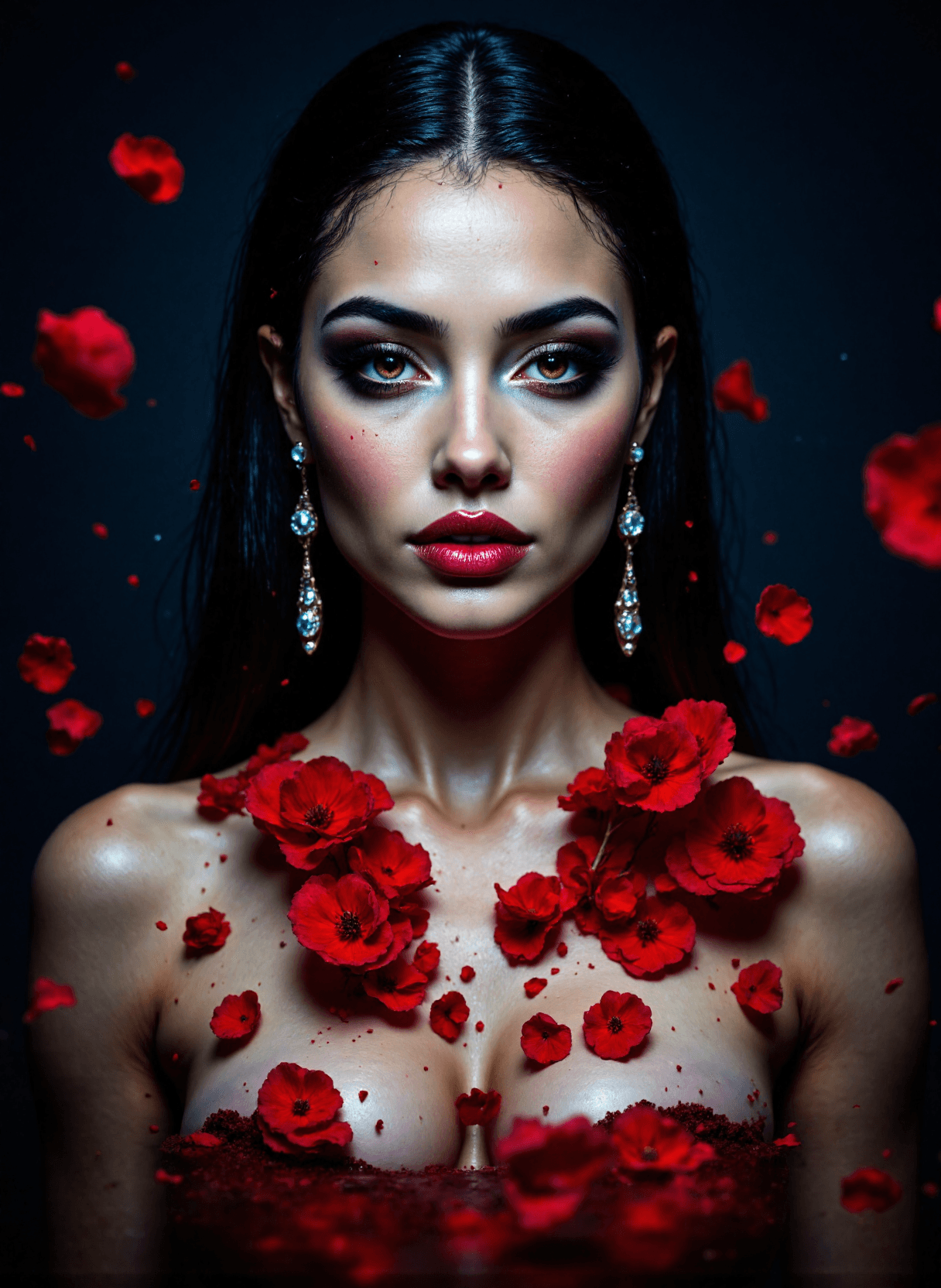 AI generated: The image is a realistic, artistic portrayal of a beautiful woman surrounded by vibrant red flowers ...