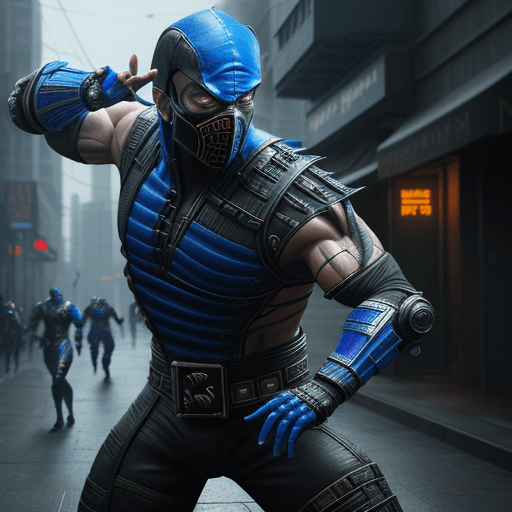 AI generated: Mortal Kombat Scorpion, cyberpunk, outdoor, street, royal blue, hyperrealism, photorealistic, 8k, un...