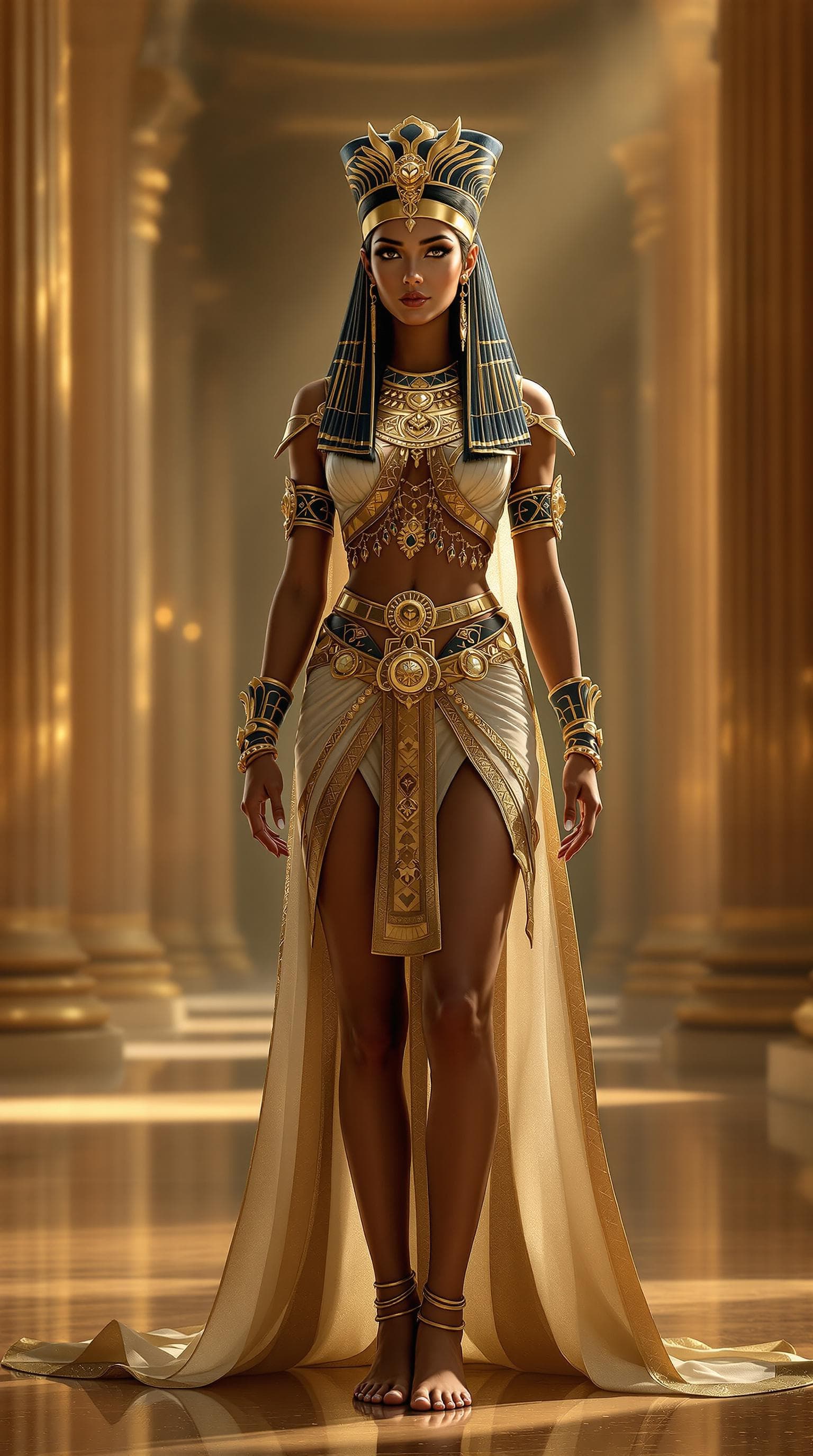 AI generated: Full body view of a stunning, hyperrealistic portrayal of an elegant ancient Egyptian woman in a gra...