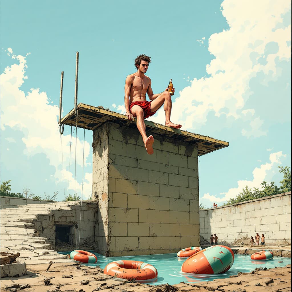 AI generated: Absurdly humorous illustration: a skinny, shirtless young man dressed in torn red swimming trunks, h...