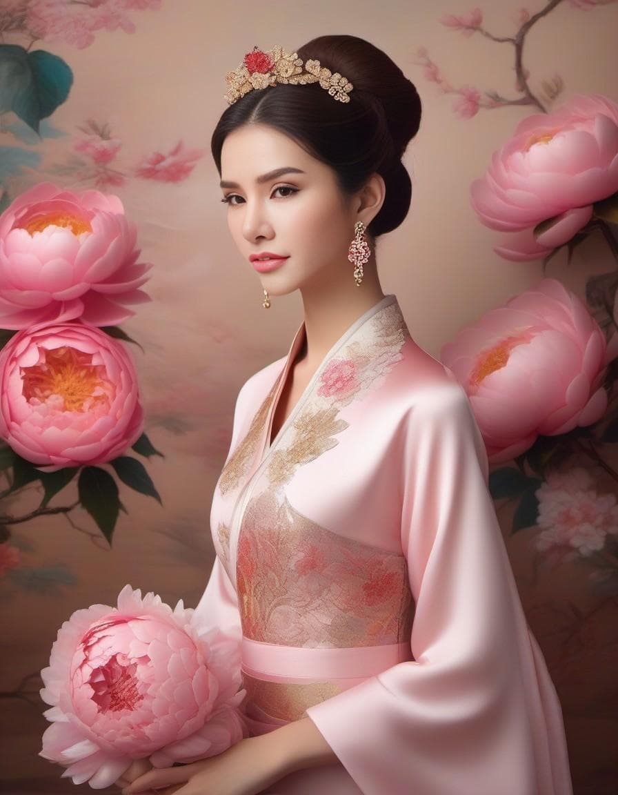 AI generated: (hairpin flowers), best quality, masterpiece, solo, ((flowers on head)), flowing sleeves, floral pat...