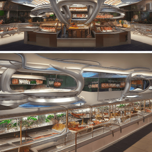 AI generated: Highly detailed photography of a futuristic food court