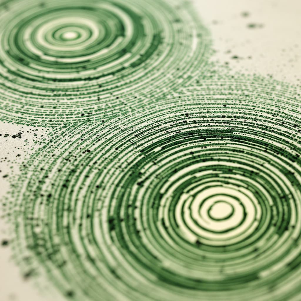 AI generated: Ultra high-resolution, extremely close-up view of hand-printed green tree ring illustrations on natu...