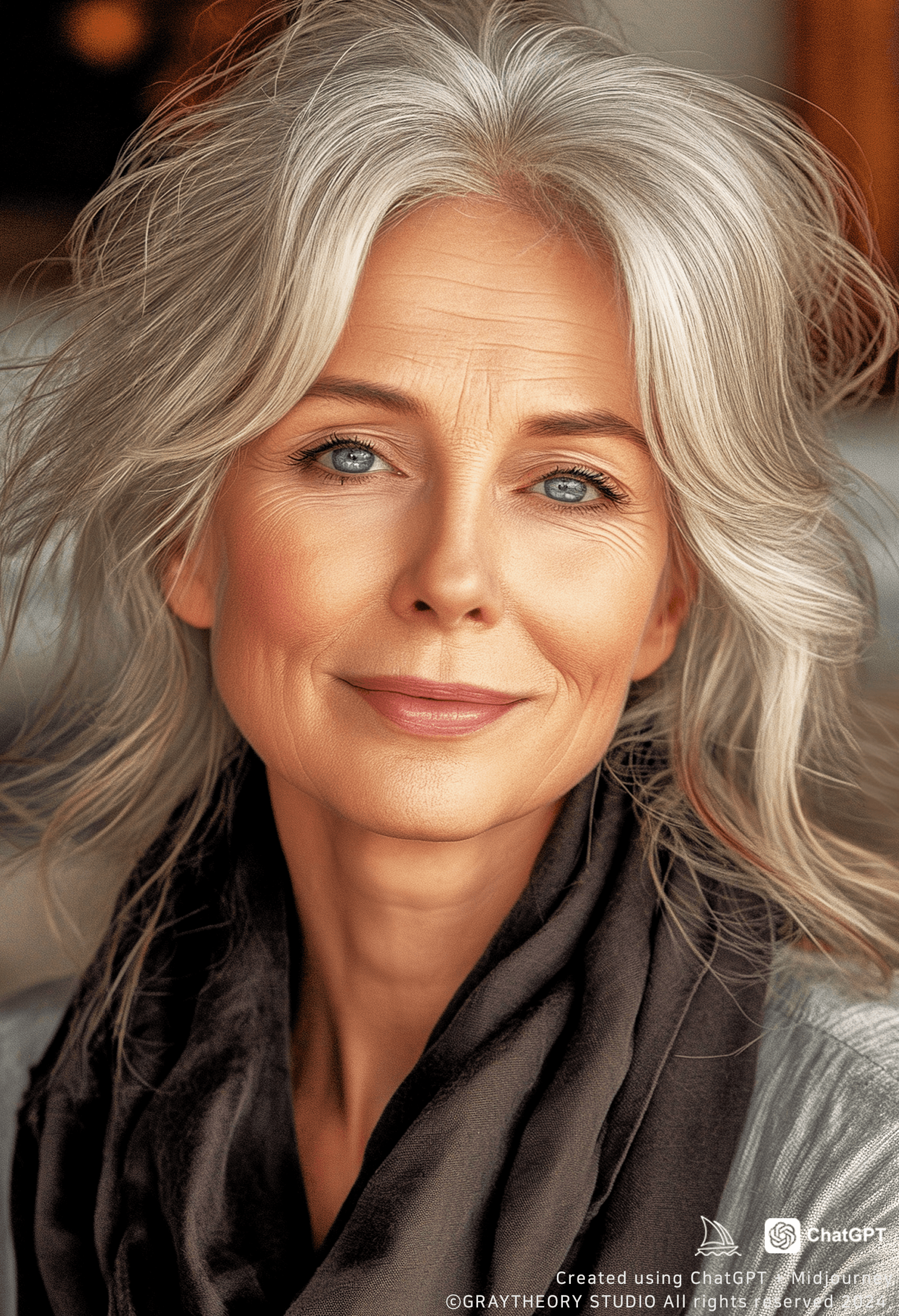 AI generated: photo, Elderly female in her 70s, soft, wavy grey hair, gentle wrinkles, warm smile, light green eye...