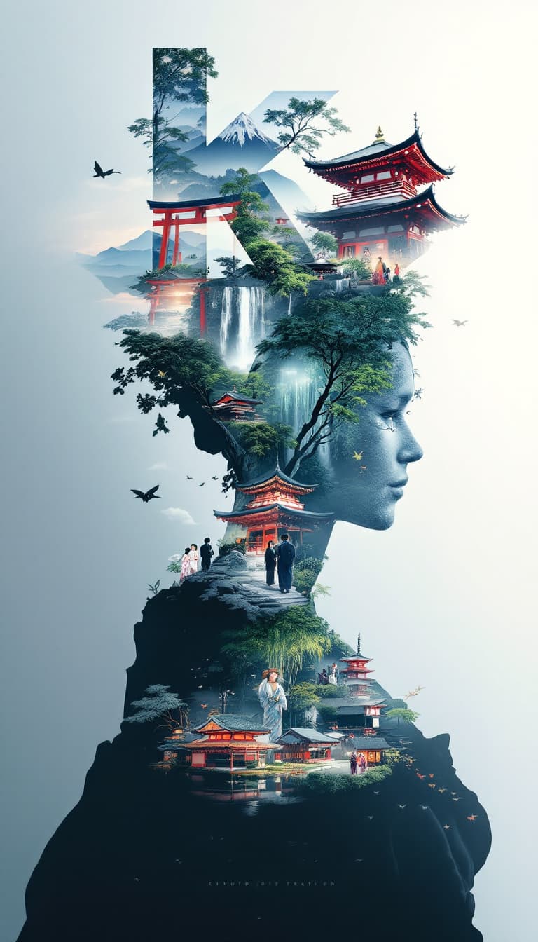 AI generated: A striking, high-contrast cinematic photo-style vertical collage that captures the essence of Kyoto....