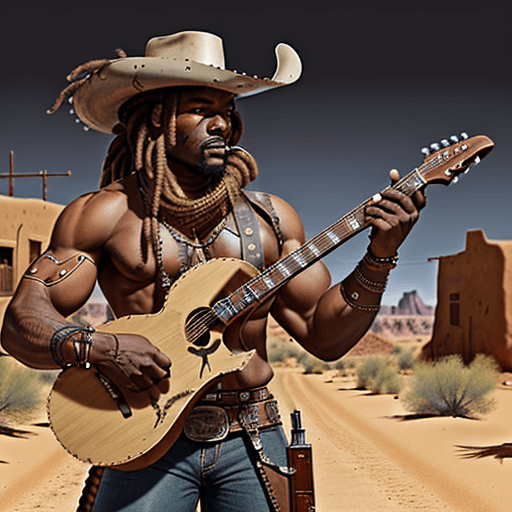 AI generated: black muscular gunslinger with two guns in his hands, in desert town, brown dreadlocks, 8k, guitare ...