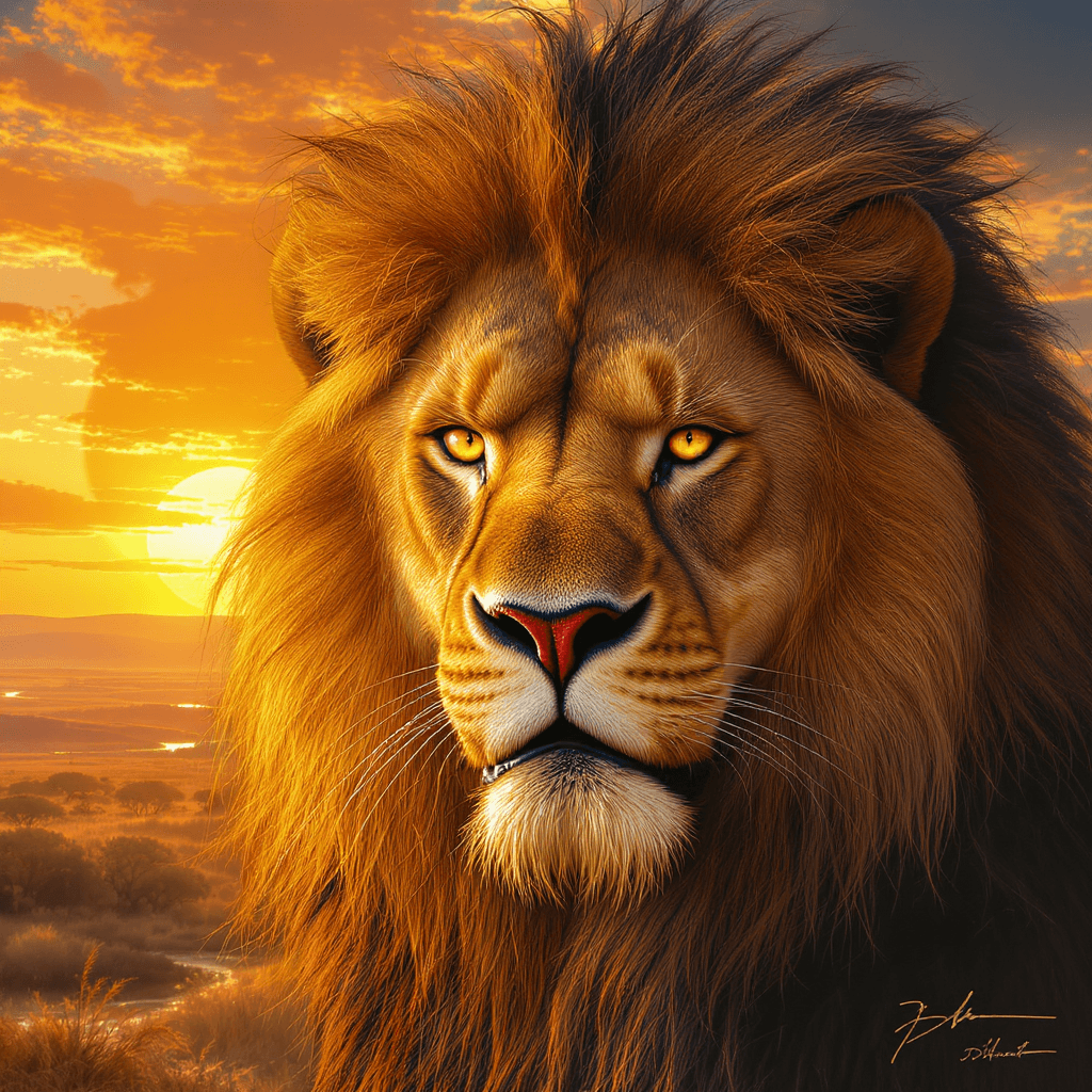 AI generated: An extreme close-up digital painting of a majestic Barbary lion's face, directly confronting the vie...